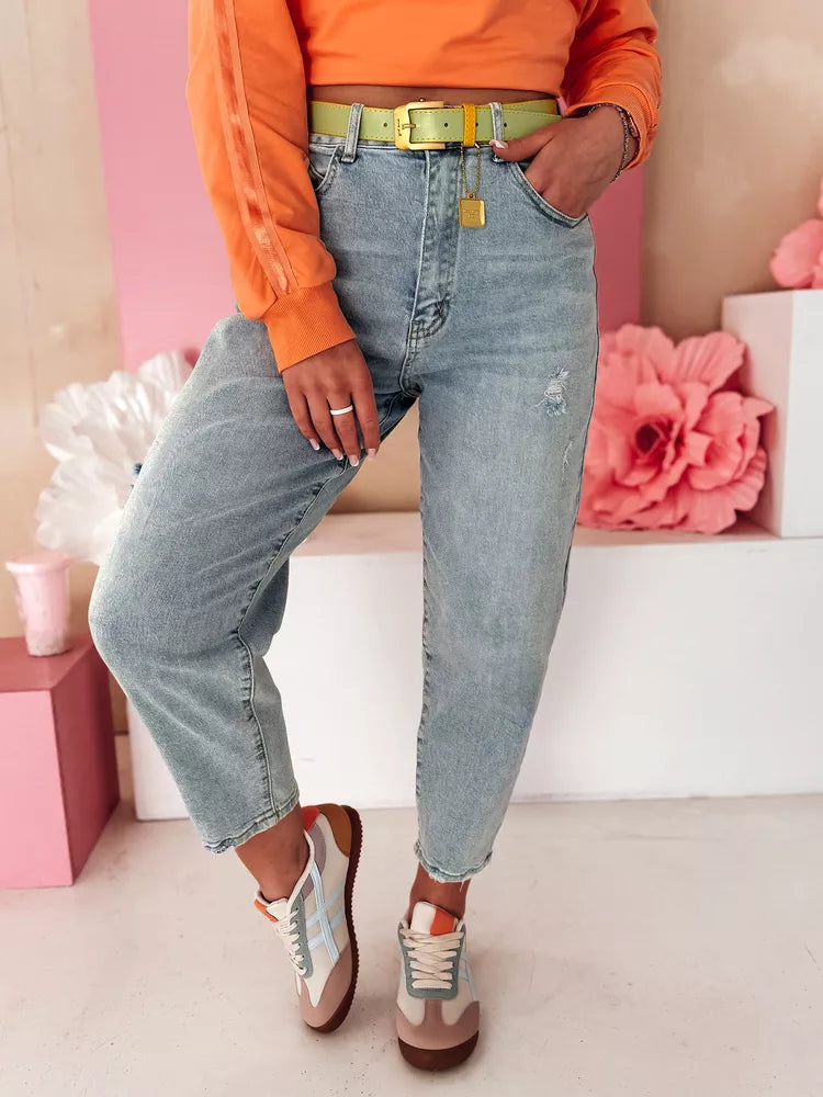 Moteriški mėlyni mom stiliaus džinsai Mom