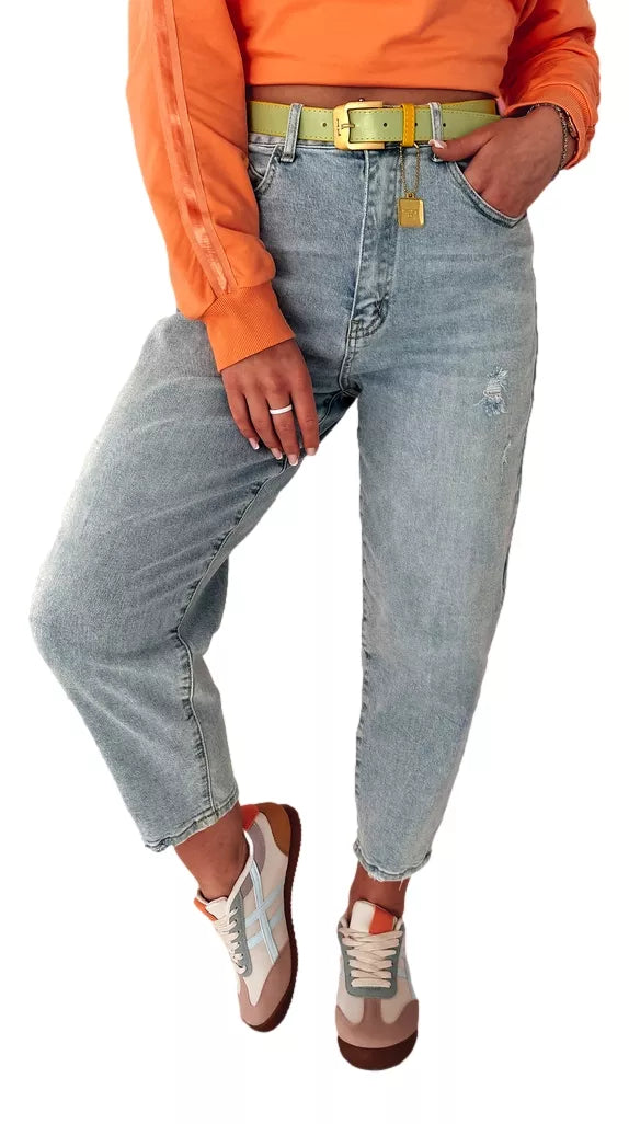 Moteriški mėlyni mom stiliaus džinsai Mom