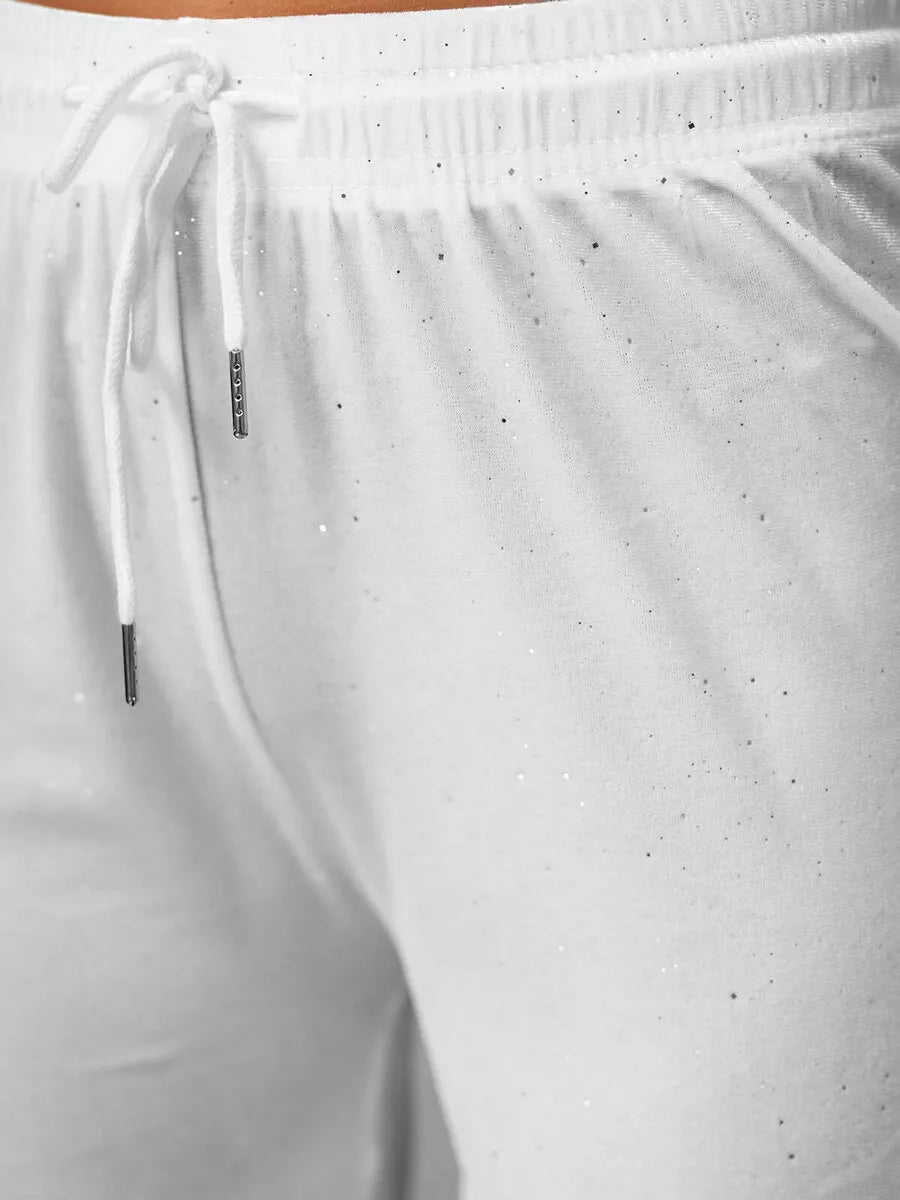 Moteriškos baltos plačios aksominės kelnės Metal