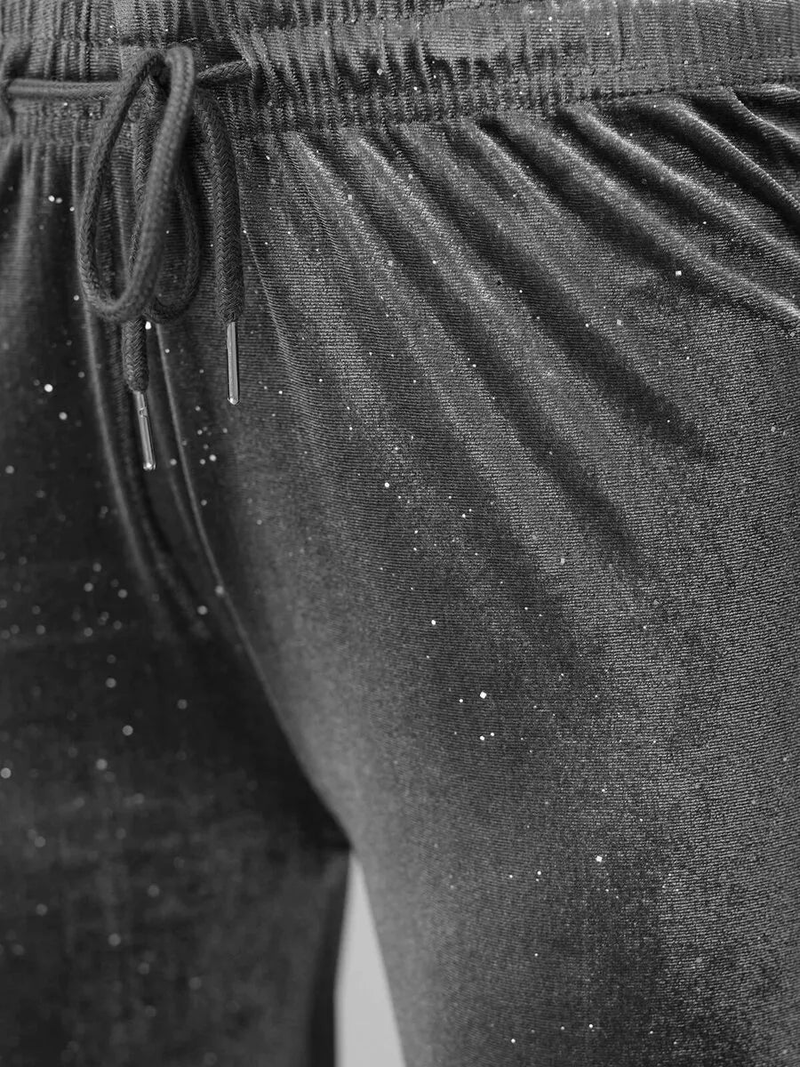 Moteriškos tamsiai pilkos plačios aksominės kelnės Metal