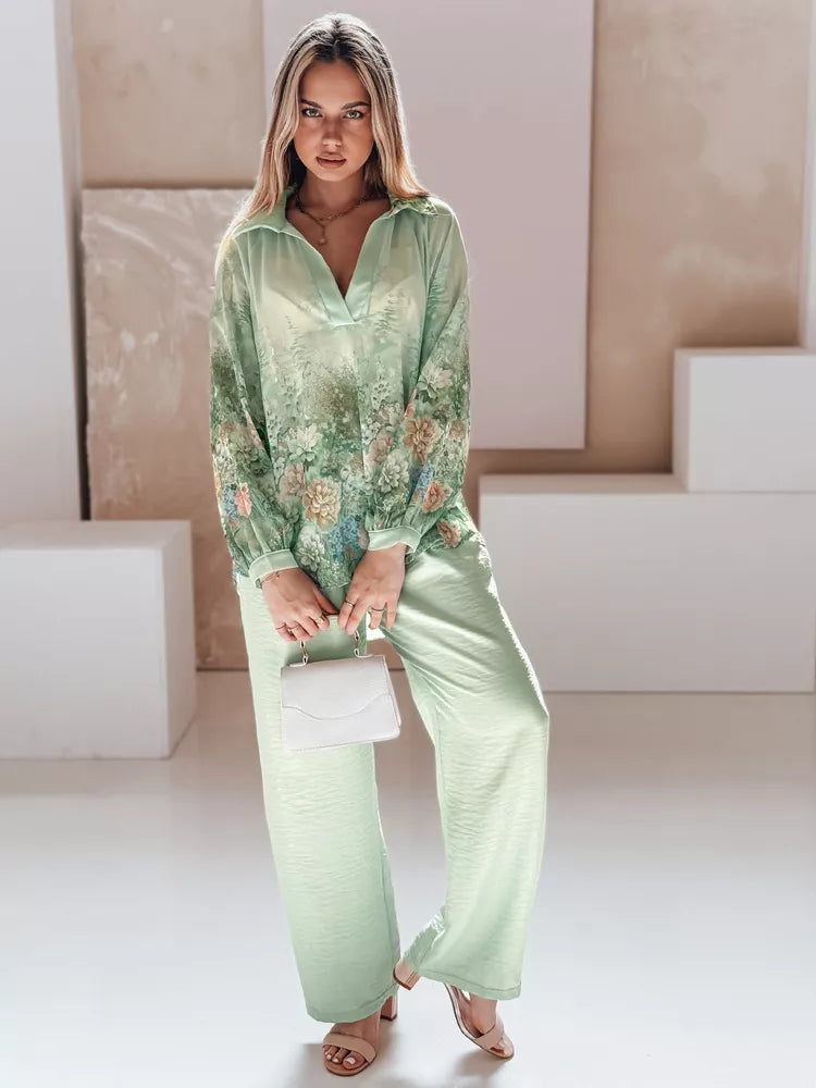 Moteriškos plačios kelnės žalios spalvos Milin