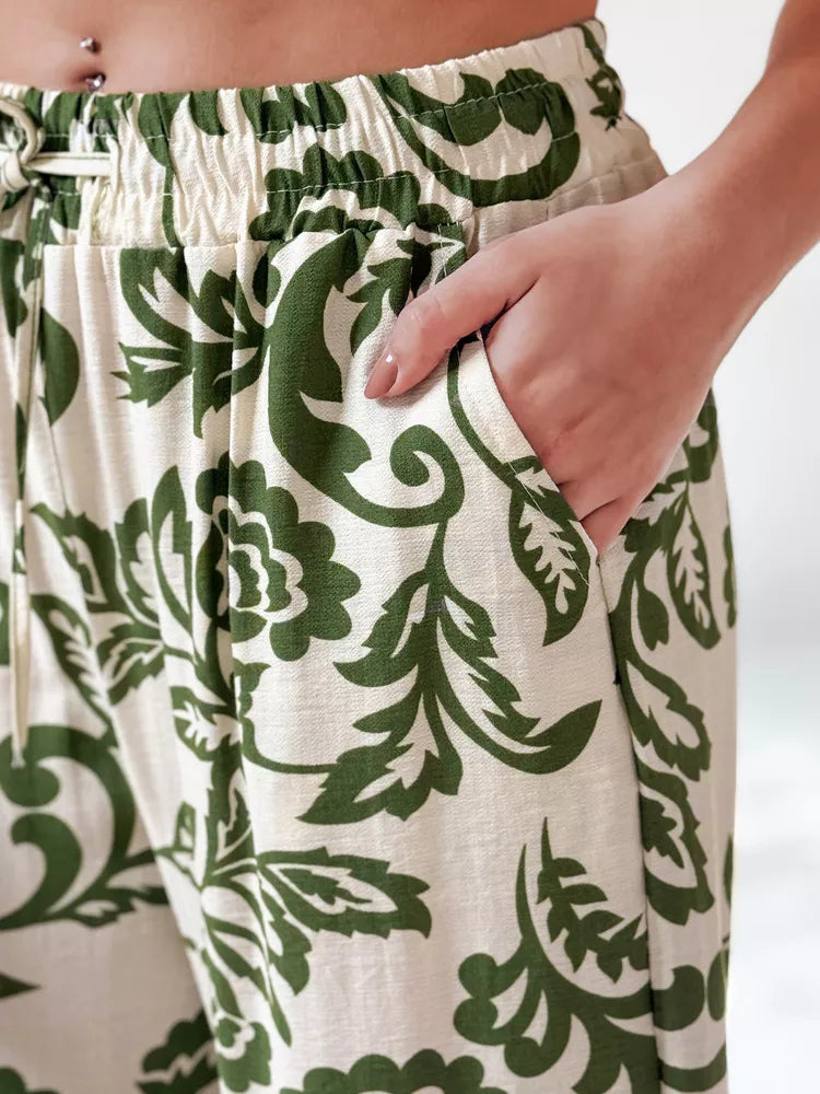 Moteriškos žalios kelnės Flower