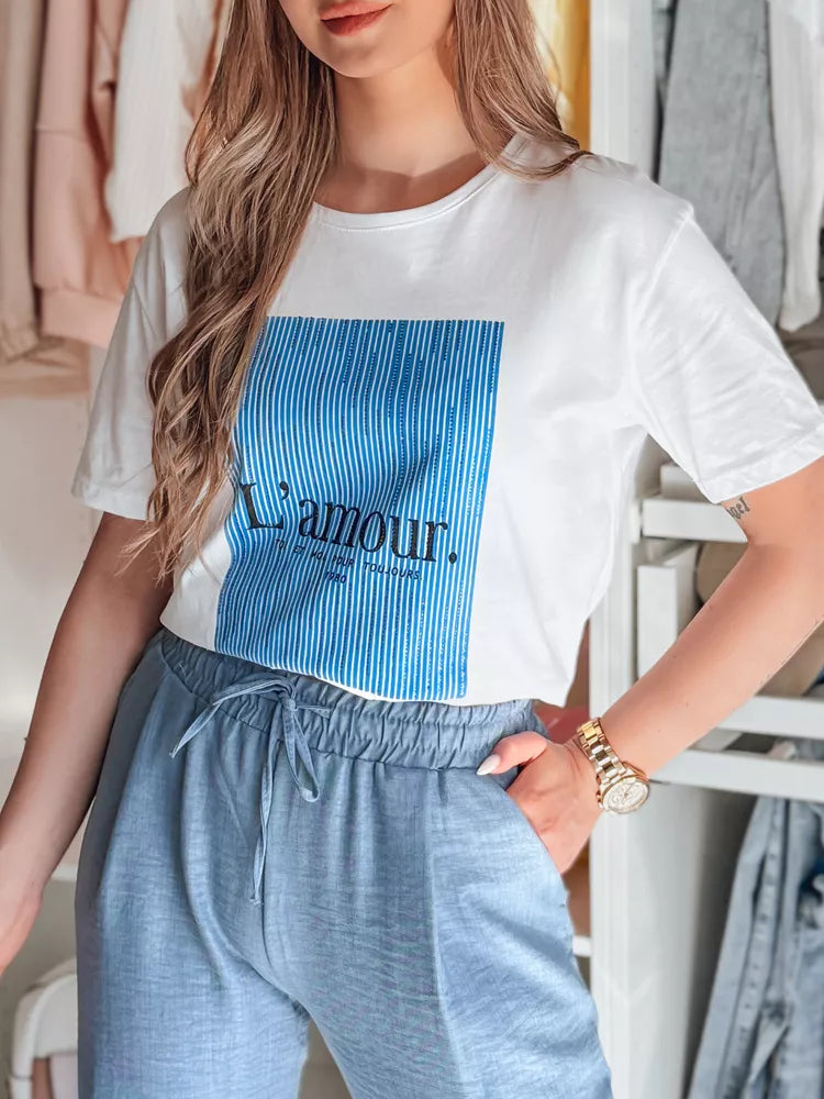 Moteriški balti su mėlynu dizainu marškinėliai Lamur