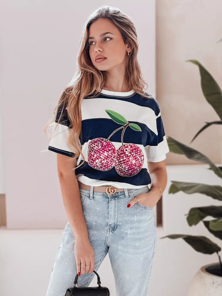 Moteriški tamsiai mėlyni dryžuoti marškinėliai Disco