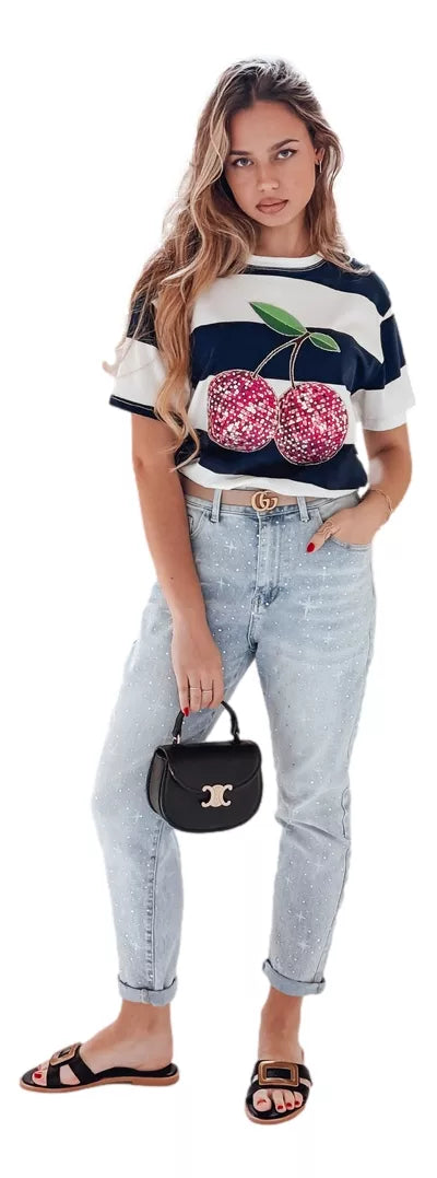 Moteriški tamsiai mėlyni dryžuoti marškinėliai Disco