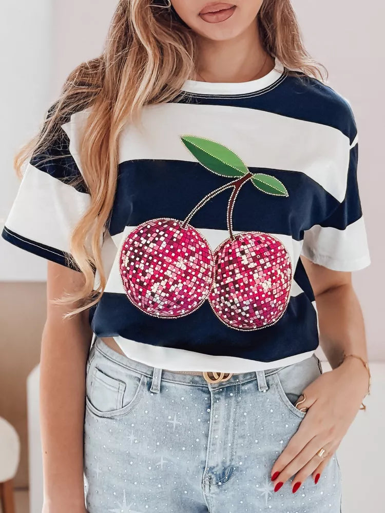 Moteriški tamsiai mėlyni dryžuoti marškinėliai Disco