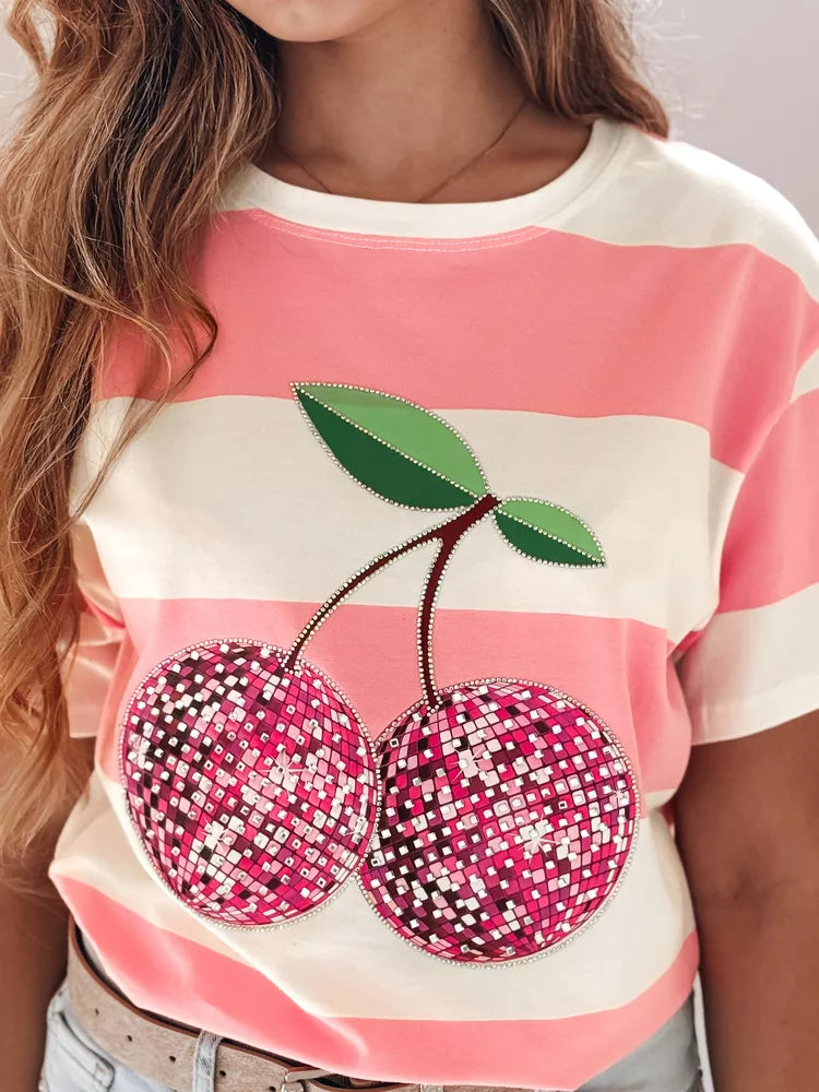 Moteriški rožiniai dryžuoti marškinėliai Disco