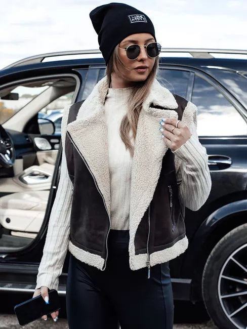 Moteriška tamsiai ruda liemenė su kailiuku Wool