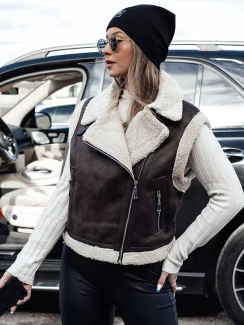 Moteriška tamsiai ruda liemenė su kailiuku Wool