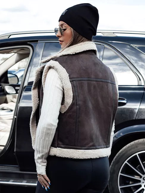 Moteriška tamsiai ruda liemenė su kailiuku Wool