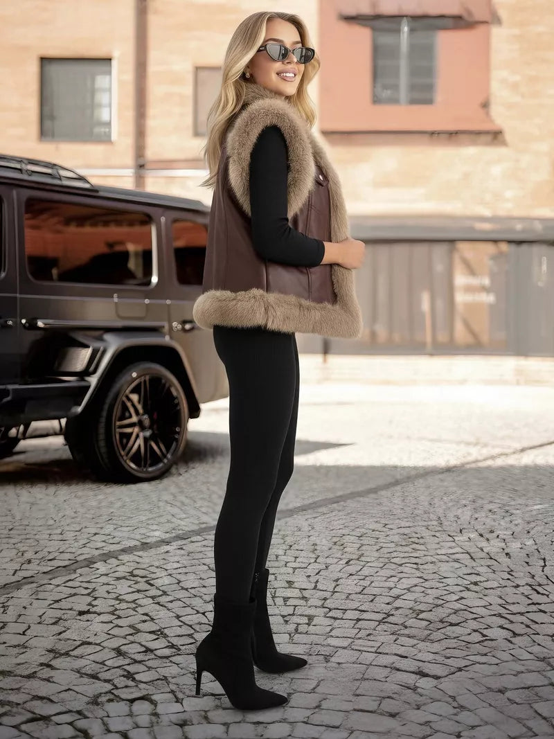 Moteriška tamsiai ruda odinė liemenė su kailiu