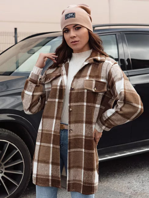 Moteriškas rudas marškinių stiliaus švarkas Plaidify