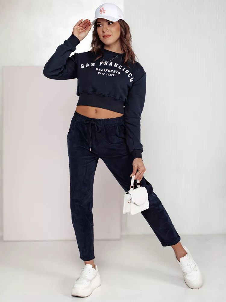 Moteriškos velvetinės tamsiai mėlynos spalvos laisvalaikio kelnės Velvi