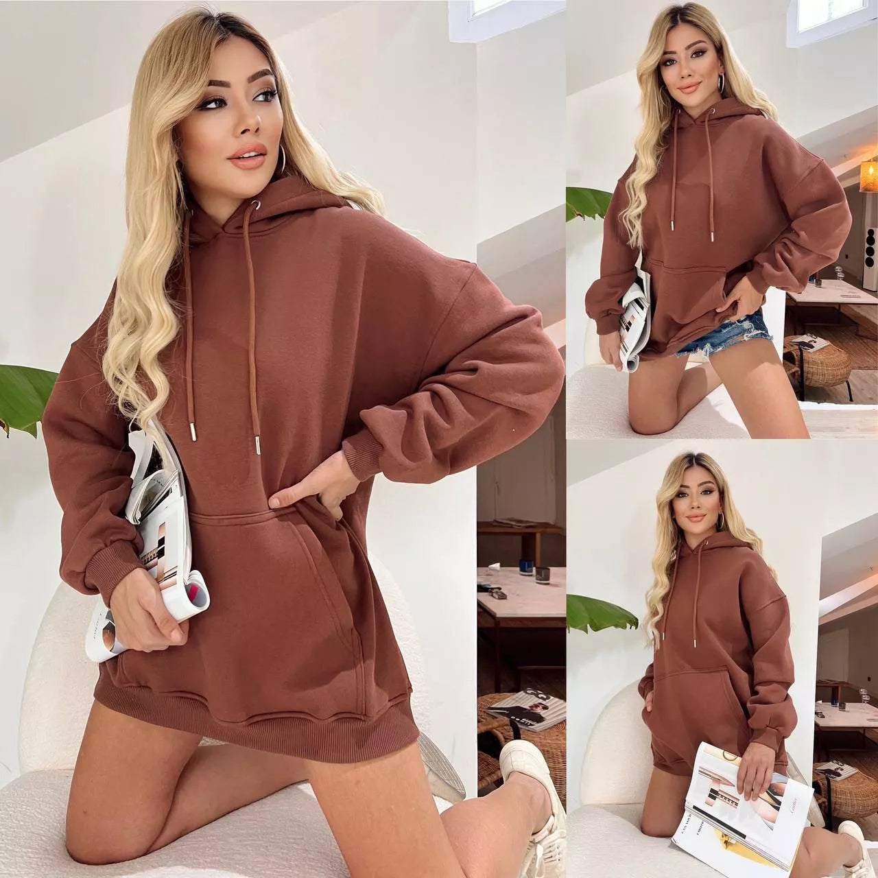 Moteriška tamsiai ruda tunika su gobtuvu Narol