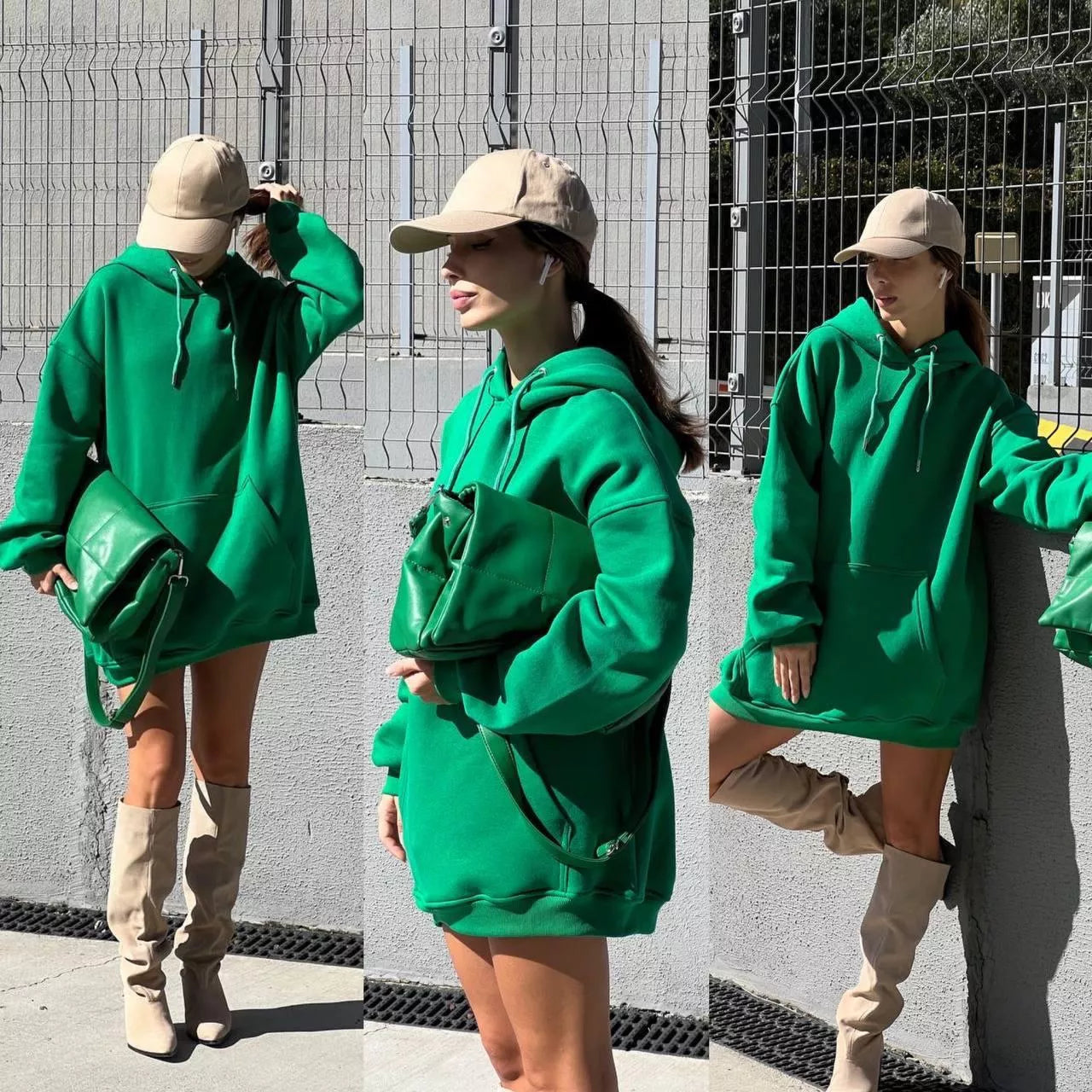 Moteriška tamsiai žalia tunika su gobtuvu Narol