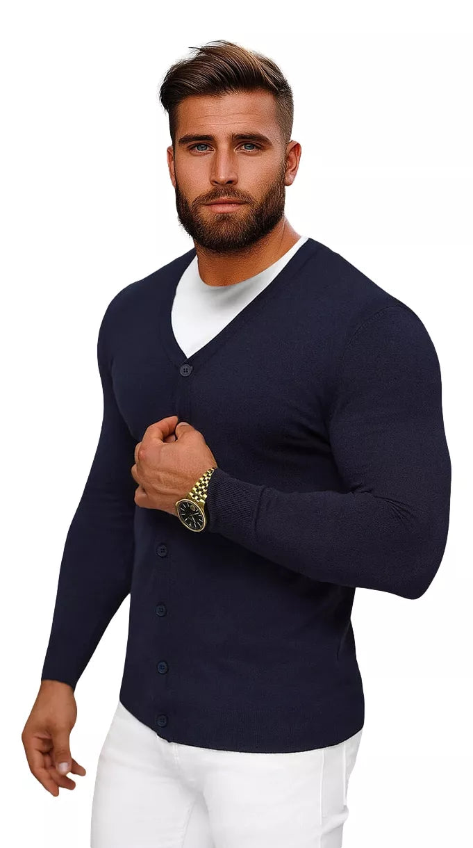 Tamsiai mėlynas vyriškas susegamas sagoms megztinis Otom