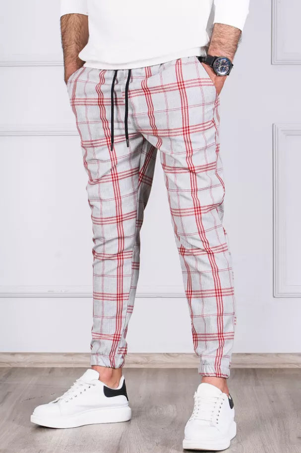 Vyriškos šviesiai pilkos su raudonomis juostomis kelnės Merlot