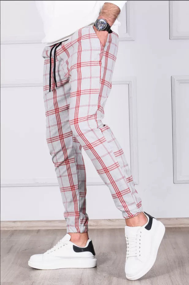 Vyriškos šviesiai pilkos su raudonomis juostomis kelnės Merlot