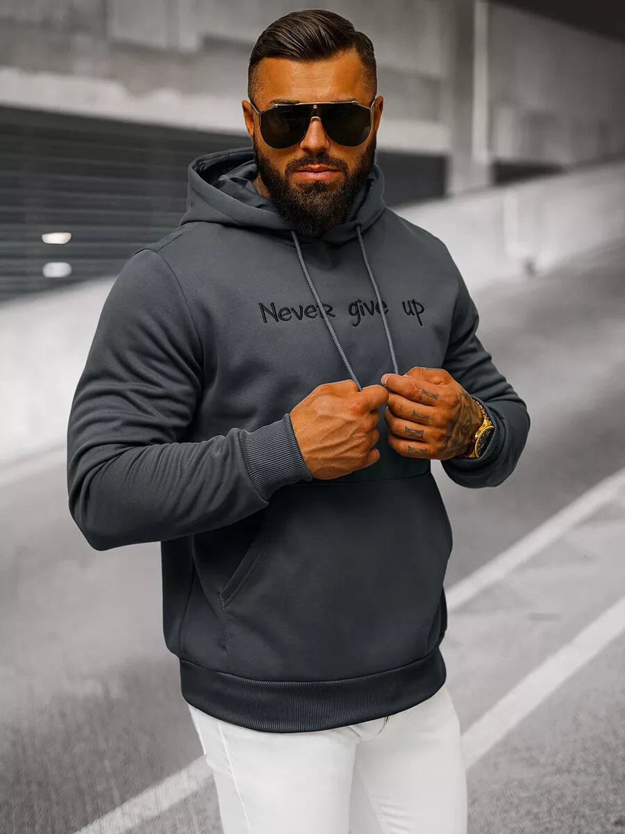 Vyriškas tamsiai pilkas džemperis Never give up